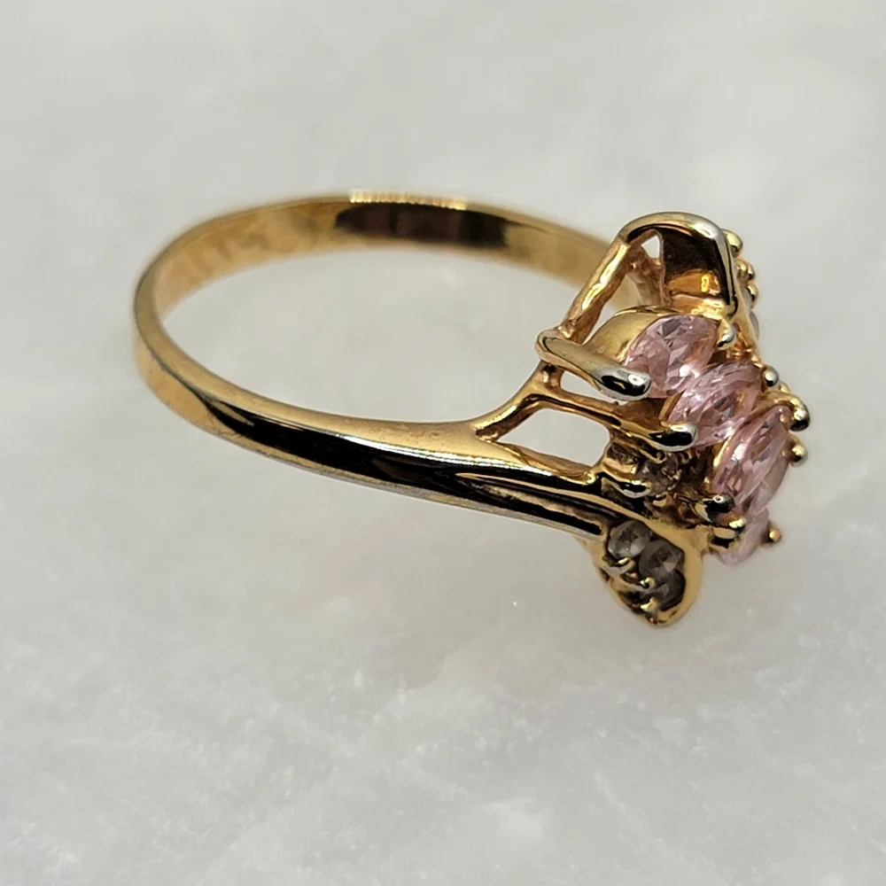 Vintage Bypass Marquise Pink Gem Simulated Diamond Gold Tone Ring - Picture 5 of 10